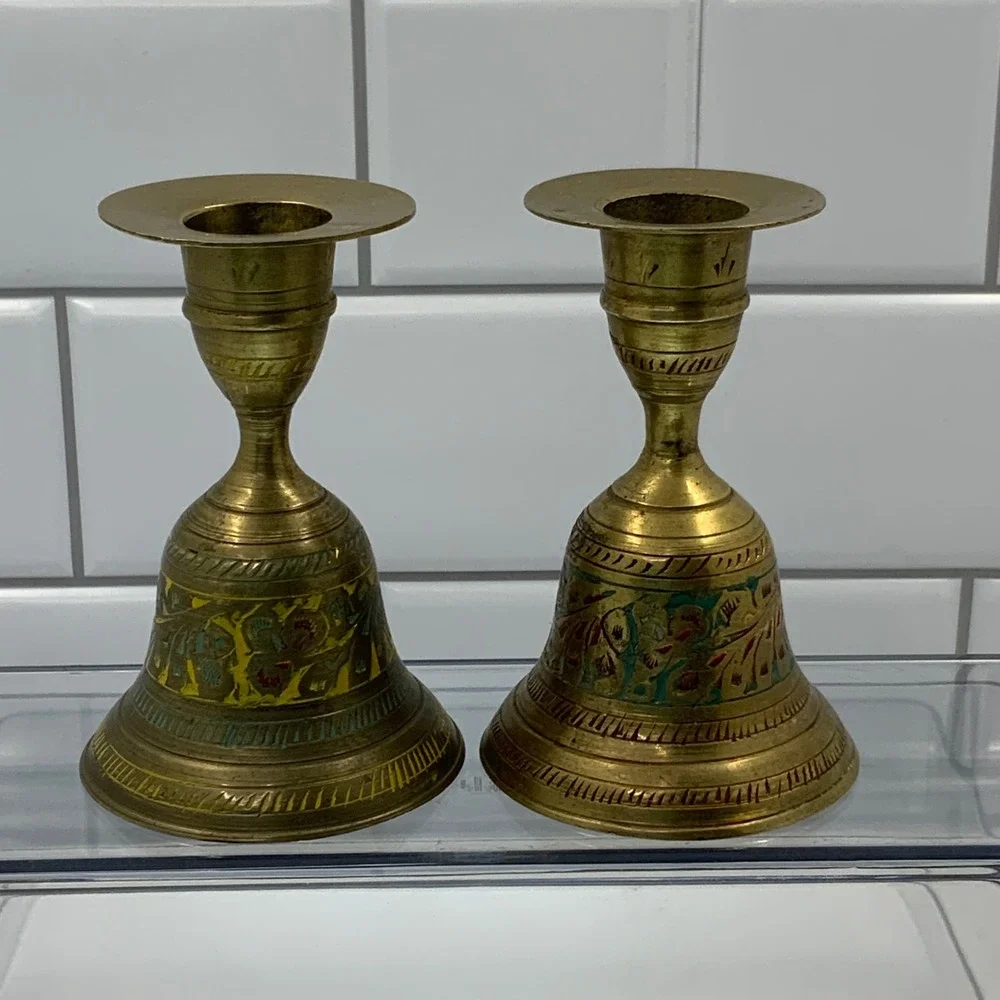 Vintage India Etched Floral Enamel Brass Bell Candle Holder Pair Gold 4.5in